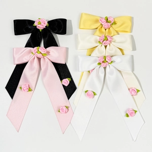 Pince à Cheveux Nœud en Satin Fait Main Avec Roses et Longs Rubans Style Coréen Doux Accessoire Cheveux Femme