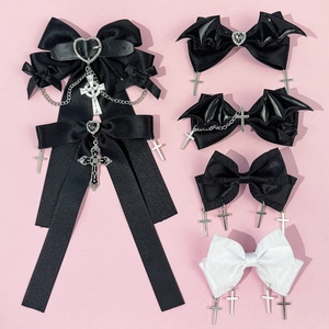 Gothic Punk Bow Hair Clip Satin Ribbon With Alloy Cross Heart Bat Wing Pendant Dark Aesthetic Style Hair Accessories