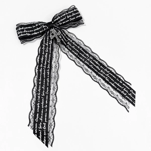 Gothic black lace bow hair clip with silver cross and printed ribbon for women