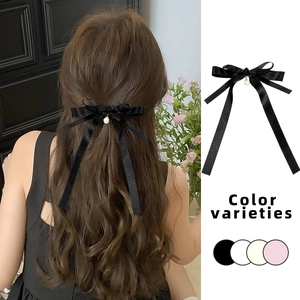 Elegant satin bow hair clip with pearl pendant in multiple colors for women
