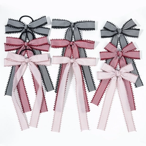 9-piece set of plaid bow hair clips with scalloped lace trim in black red and pink