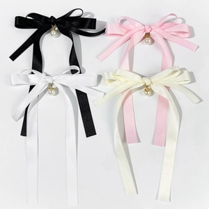 Elegant Artificial Pearl Bowknot Hair Clip Satin Ribbon Long Tail Hairpin Balletcore Style Handmade Duckbill Clip For Women Girls Headwear