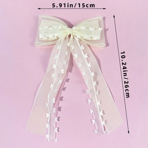 Barrette à cheveux élégante en tulle crème avec broderie cœur et longs rubans