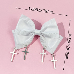 White satin ribbon bow with silver metal cross pendants shown with 10cm size dimensions