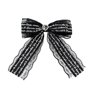Dark aesthetic black lace bow hair clip with heart rhinestone and French script decor