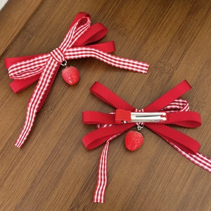 Sweet red plaid strawberry bow hair clips with silver duckbill clips for girls