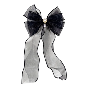 Elegant black mesh bow hair clip with pearl tassels and crystal center decoration