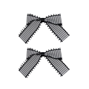 Paire de barrettes à nœud en vichy noir et blanc avec dentelle délicate et centre en satin