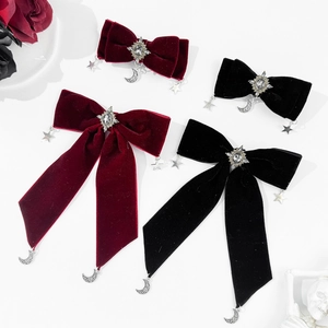 Vintage Gothic Velvet Bow Hair Clip With Star Moon Pendant Rhinestone Dark Aesthetic Duckbill Clip For Women Hair Accessories