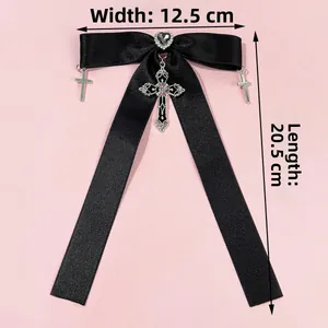 Gothic black satin bow hair clip with heart gem and hanging cross charms, 12.5x20.5cm detail