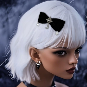 Gothic velvet bow hair clip with silver star and moon charms on white hair model