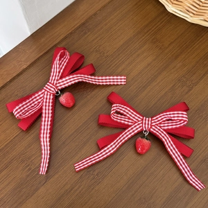 Sweet Red Gingham Strawberry Bow Hair Clips Ribbon Duckbill Hairpins For Kids Girls Cute Hair Accessories