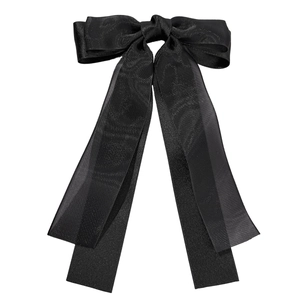 Elegant black double-layered mesh bow hair clip with satin ribbon and long streamers