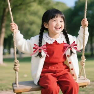 Cute red plaid hair clips with strawberry pendants worn by a girl in a park setting