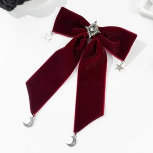 Vintage burgundy velvet hair clip with silver star moon charms and crystal center