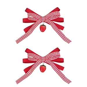 Set of red plaid bow hair clips with strawberry pendants for girls sweet hair accessory