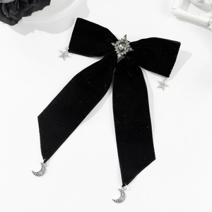 Gothic black velvet bow hair clip with silver star and crescent moon pendants
