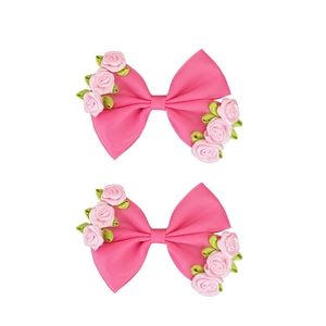 Sweet pink ribbon bow hair clips with rose flowers for girls and kids princess hairstyle