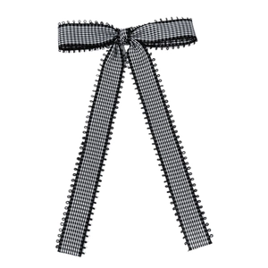 Japanese style black and white gingham bow hair clip with lace trim and long ribbons