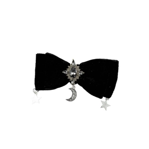Gothic black velvet bow hair clip with silver moon, star charms and dark gemstone center