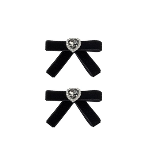 Set of two French vintage black velvet bow hair clips with rhinestone heart detail