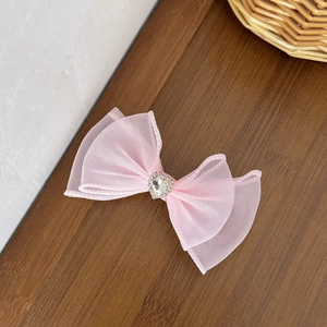 Pince à cheveux noeud rose en résille avec strass en forme de coeur pour femmes