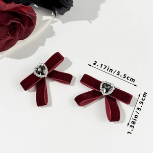 French vintage wine red velvet bow hair clips with rhinestone hearts and crystals