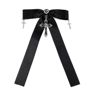 Gothic black satin ribbon bow hair clip with silver cross pendants and heart gem
