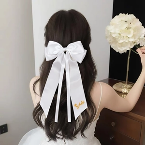 Elegant Satin Bow Hair Clip With Long Streamers For Bride Bridesmaid Wedding Party Gold Letter Print Hair Accessories
