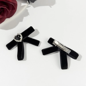 Elegant black velvet bow hair clips with rhinestone heart gem and metal duckbill clip