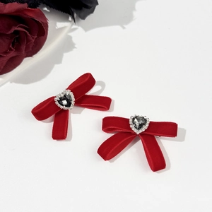 French vintage red velvet bow hair clips with rhinestone heart crystal for women