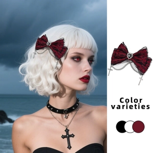 Gothic lace bow hair clip with heart rhinestone and silver cross chains for women