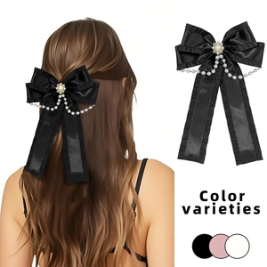 Eleganter Lolita-Haarclip mit schwarzer Satinschleife, Strassblume und Perlenketten