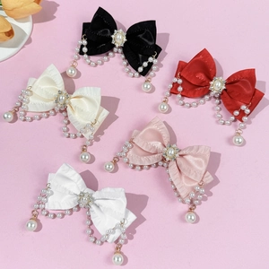Elegant Satin Bow Hair Clip With Faux Artificial Pearl Tassels And Rhinestone Sunflower Decoration French Lolita Hair Accessory For Women
