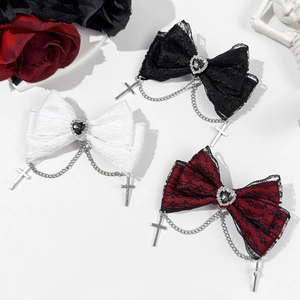 Gothic Lace Bow Hair Clip With Heart Gem And Metal Cross Chain Lolita Dark Punk Style Hairpin For Women Party Hair Decor