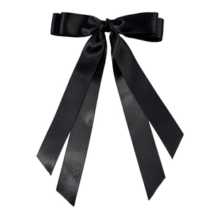Eleganter großer schwarzer Satin-Haarclip mit Doppelschleife und langen Bändern