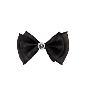 Barrette nœud en satin noir avec cœur en strass élégant pour coiffure de femme