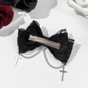 Gothic black lace bow hair clip featuring silver crosses and hanging metal chains