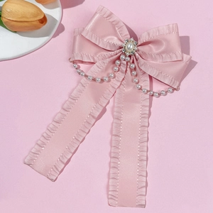 Rosa Lolita Satinschleife Haarklammer mit Perlen und langen Bändern für Prinzessin-Stil