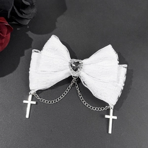Gothic white lace bow hair clip with black heart gem and silver cross chain detail