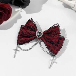 Gothic wine red lace bow hair clip with heart gem and silver cross pendants