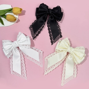 French Elegant Satin Bow Hair Clip With Lace Edge Vintage Large Hairpin For Women Daily Party Hair Accessories