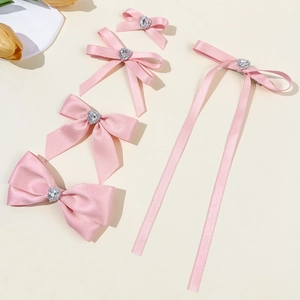 Sweet Pink Satin Ribbon Bow Hair Clip For Girls Balletcore Style Heart Rhinestone Princess Side Clip Hair Accessory