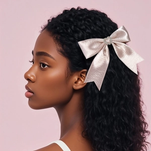 Elegant champagne satin bow hair clip with rhinestone heart center shown on a model