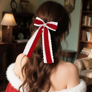 Elegant red velvet and lace bow hair clip with pearls for a French vintage aesthetic