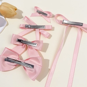 Pink satin bow hair clips set with rhinestones and metal duckbill clips for girls