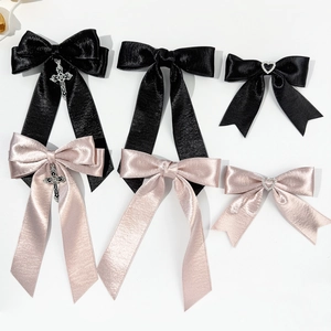 Women Elegant Satin Bow Hair Clip With Heart Rhinestone Cross Pendant Long Ribbon Sweet Princess Style Hair Accessories