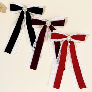 French Vintage Velvet Lace Bow Hair Clip Elegant Artificial Pearl Rhinestone Spring Clip For Women Girls Aesthetic Hair Accessories