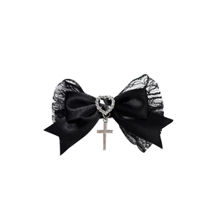 Pasador de pelo Gothic Lolita con lazo negro, gema de corazón y colgante de cruz