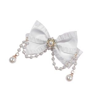 Elegant white satin bow hair clip with pearl tassels and crystal sunflower ornament